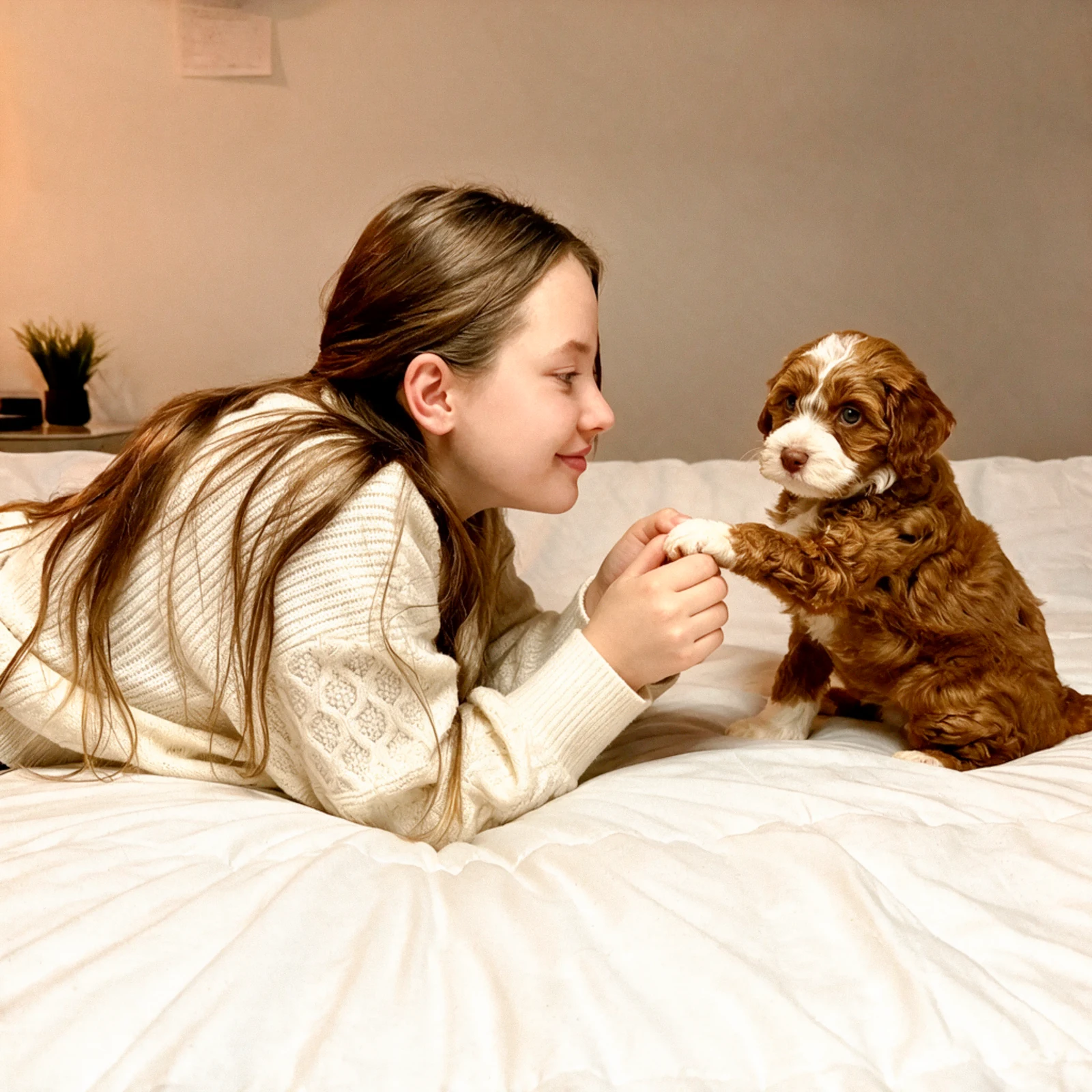A girl and an Australian Labradoodle puppy holding paws on a bed